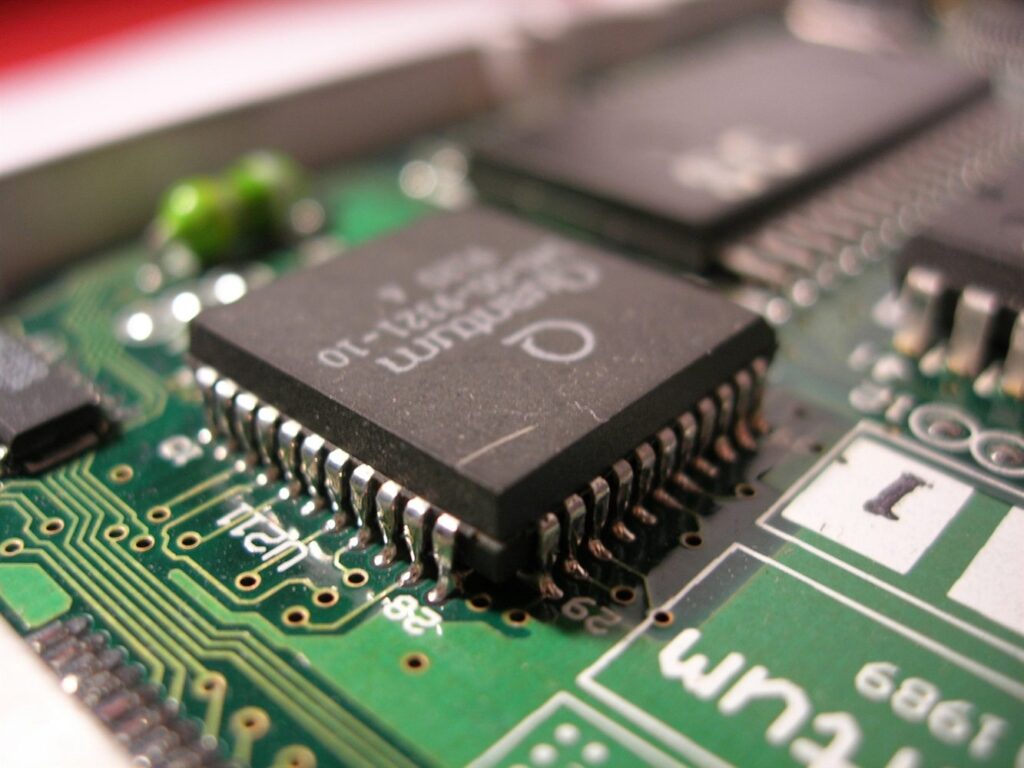 Close-up of an integrated circuit on a printed circuit board